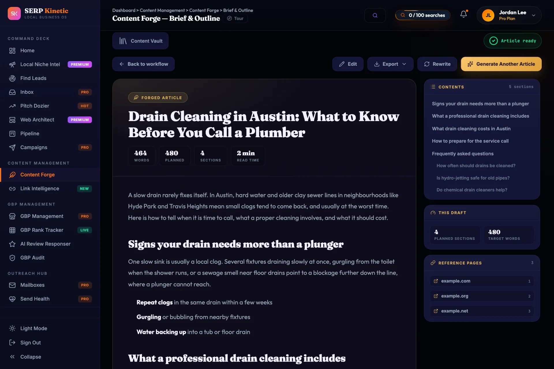 Content Forge article “Drain Cleaning in Austin: What to Know Before You Call a Plumber” with word count, sections, contents and reference pages.