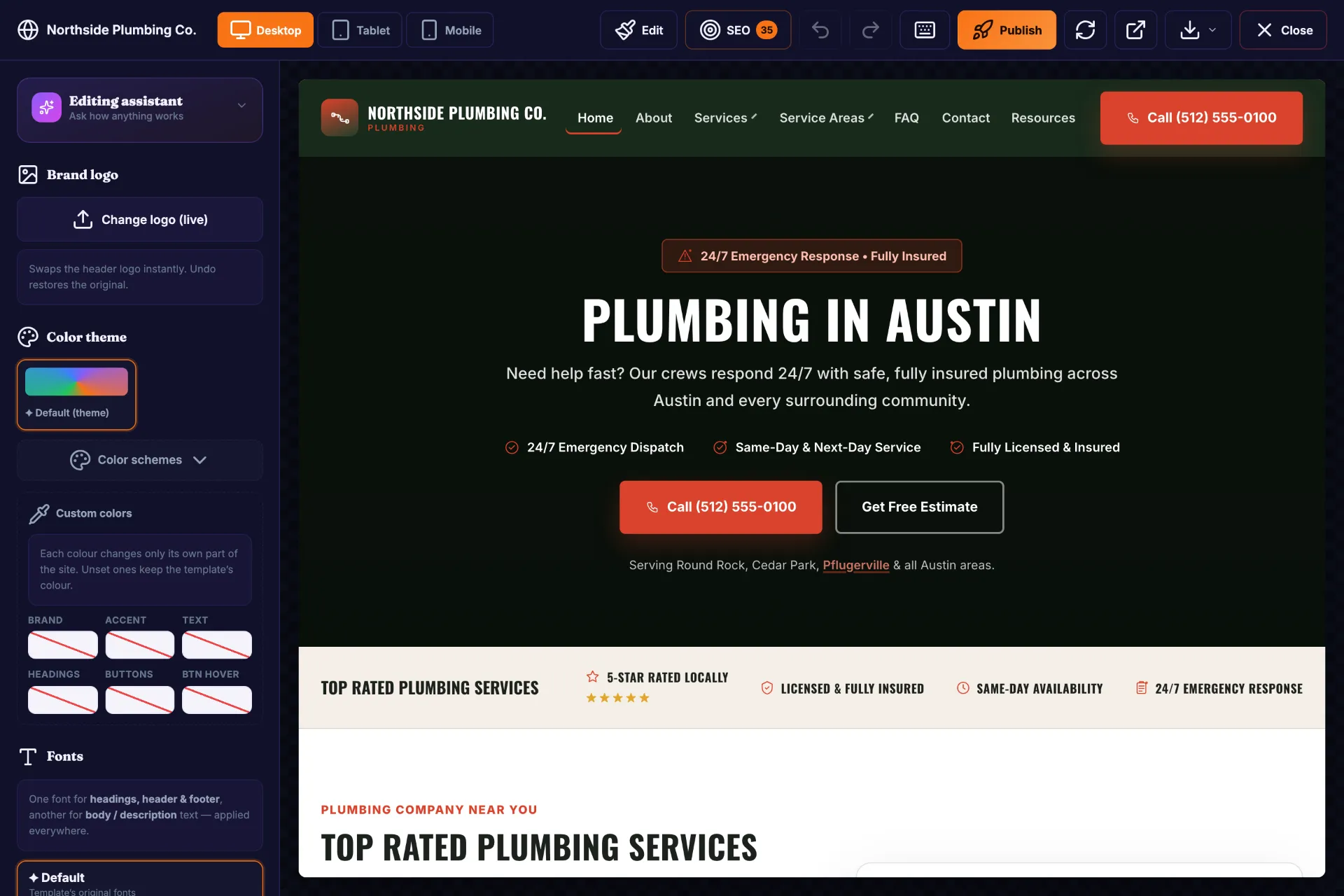 Web Architect editor showing the Timberline template for Northside Plumbing Co. with the logo, colour theme and font controls beside a live desktop preview.