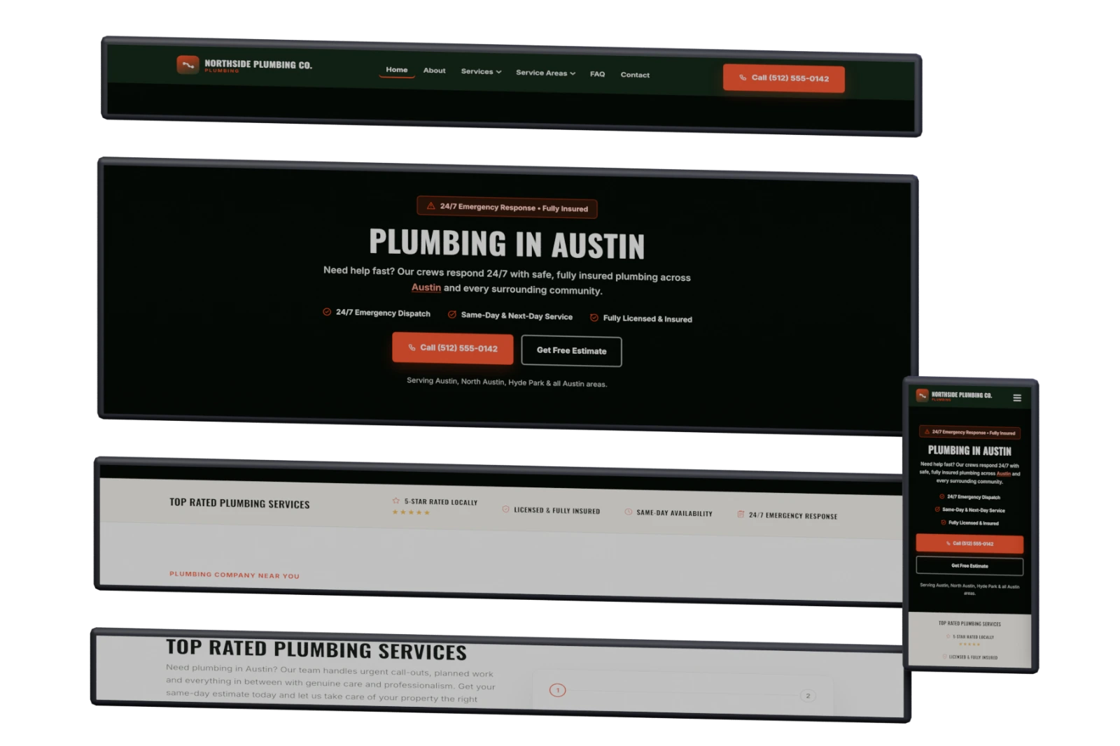 Header, hero, content and footer layers separate beside a mobile preview.