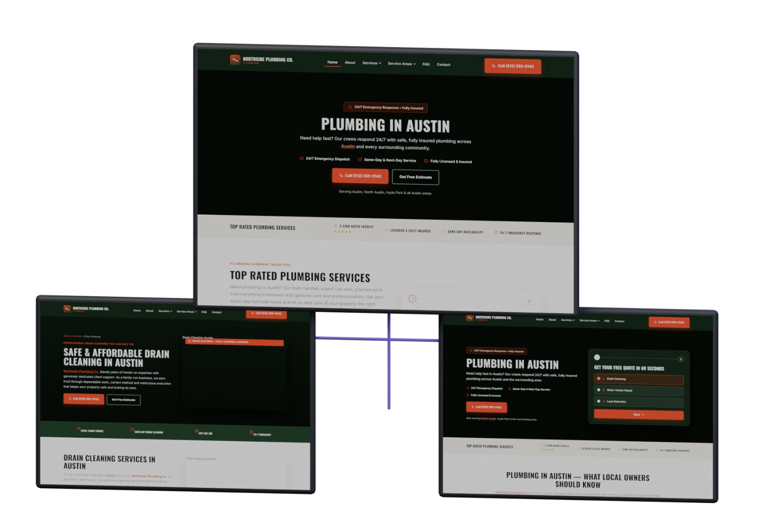 Homepage connects to separate service and location pages.